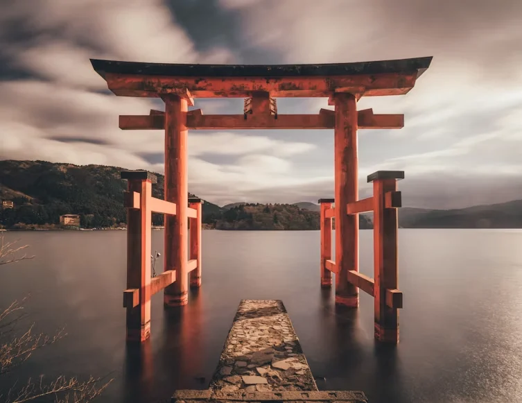 Hakone Shrine torii standing in Lake Ashi